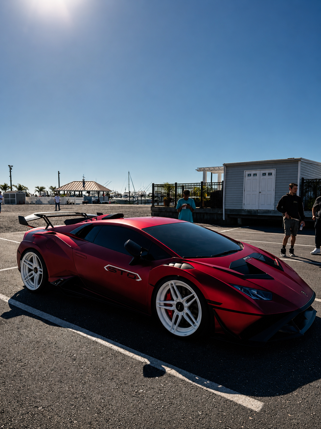 Matte red Lamborghini Huracán STO with white wheels parked at a sunlit waterfront lot