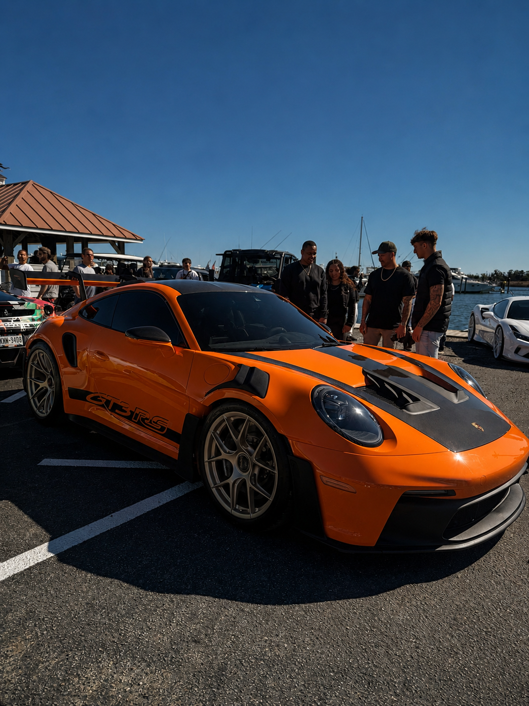 Orange Porsche 911 GT3 RS with black stripe parked at a marina as a group admires it
