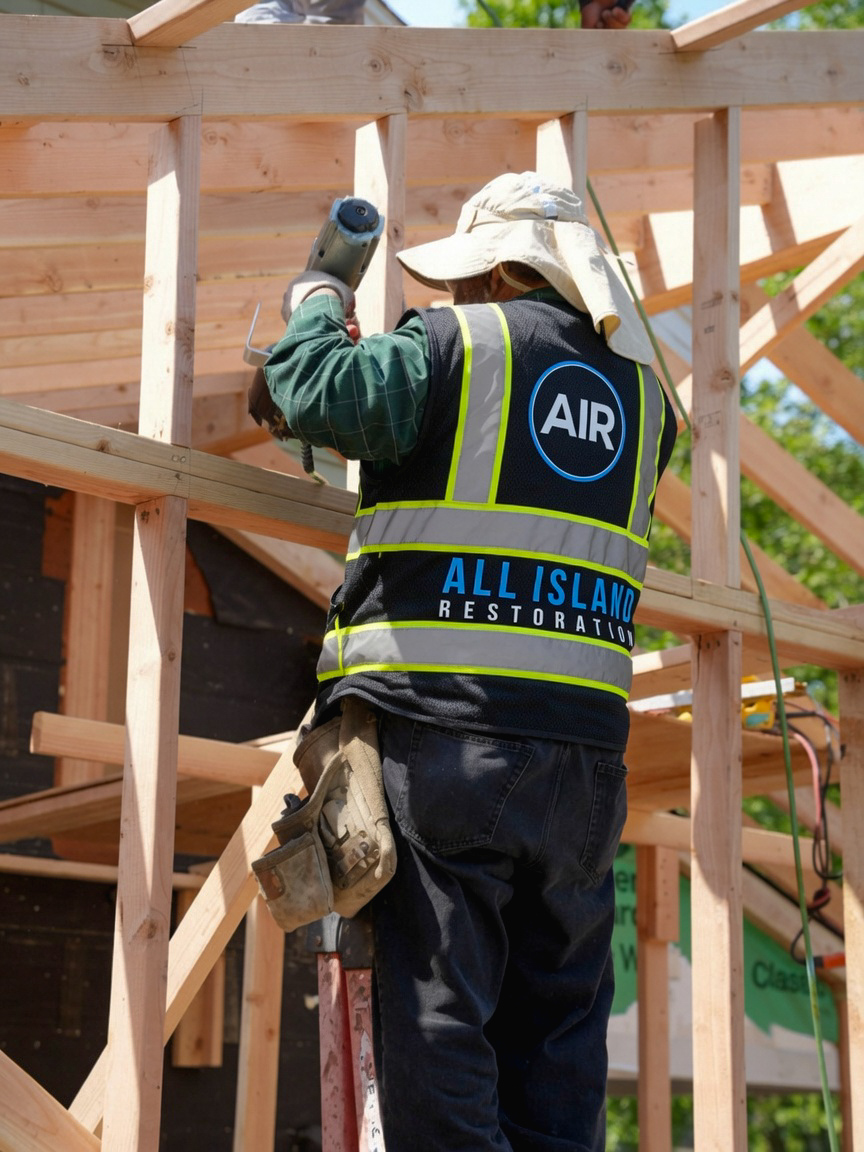 All Island Restoration crew member framing a new structure on-site