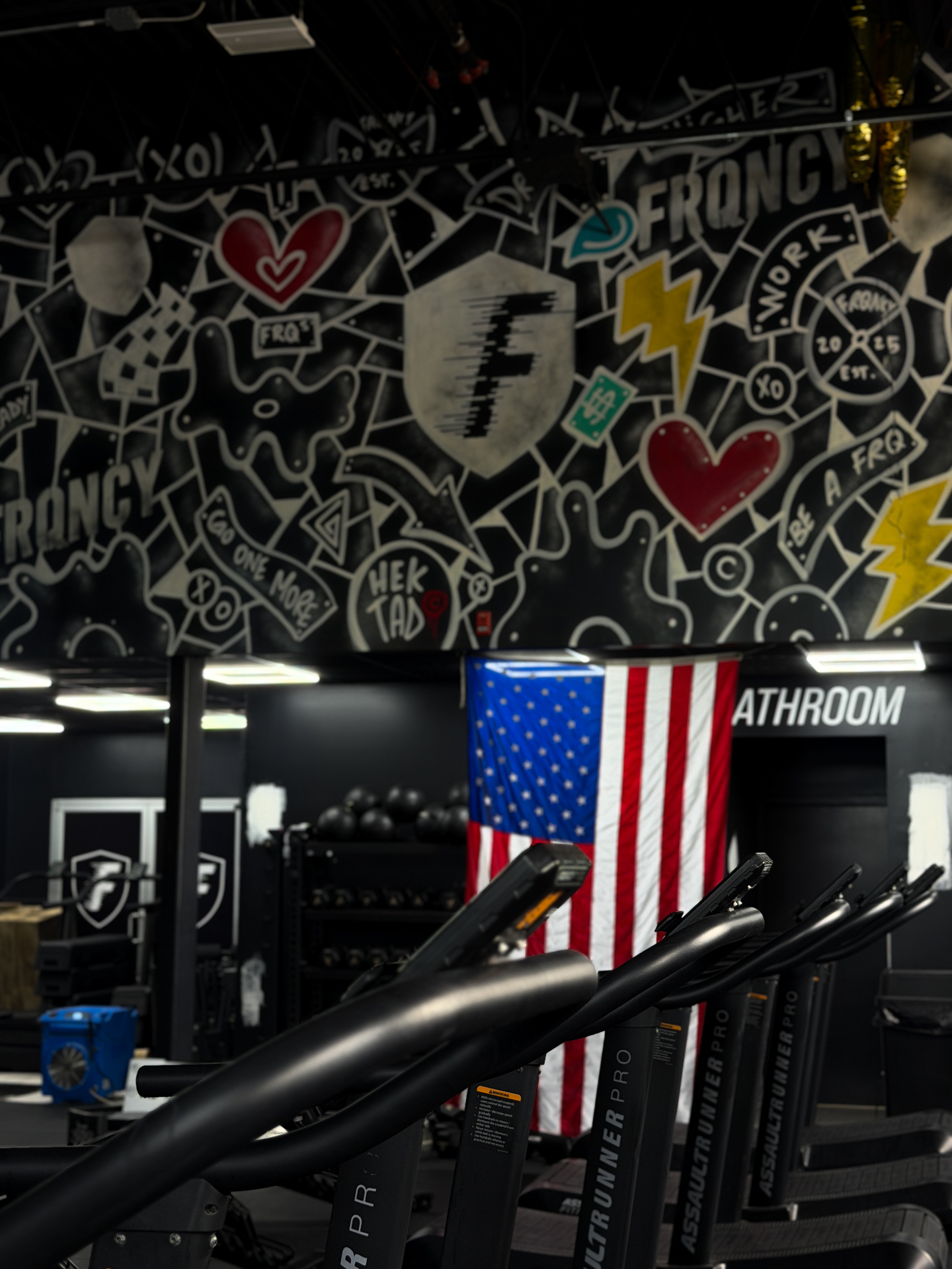 FRQNCY Performance gym interior with custom mural and Assault Runner Pro treadmills