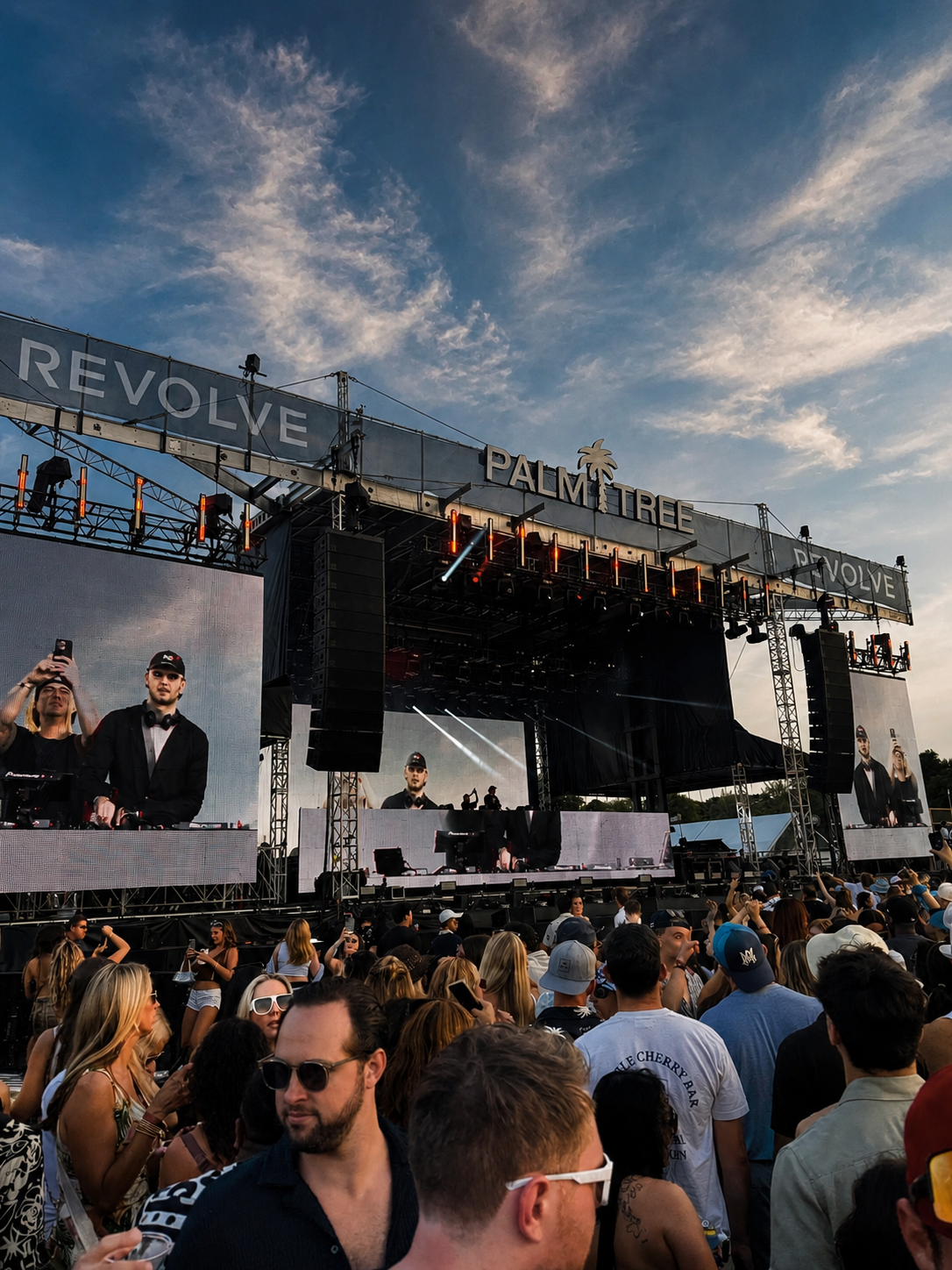 Crowd at the Palm Tree Music Festival Revolve stage at golden hour with DJs performing on the LED screens