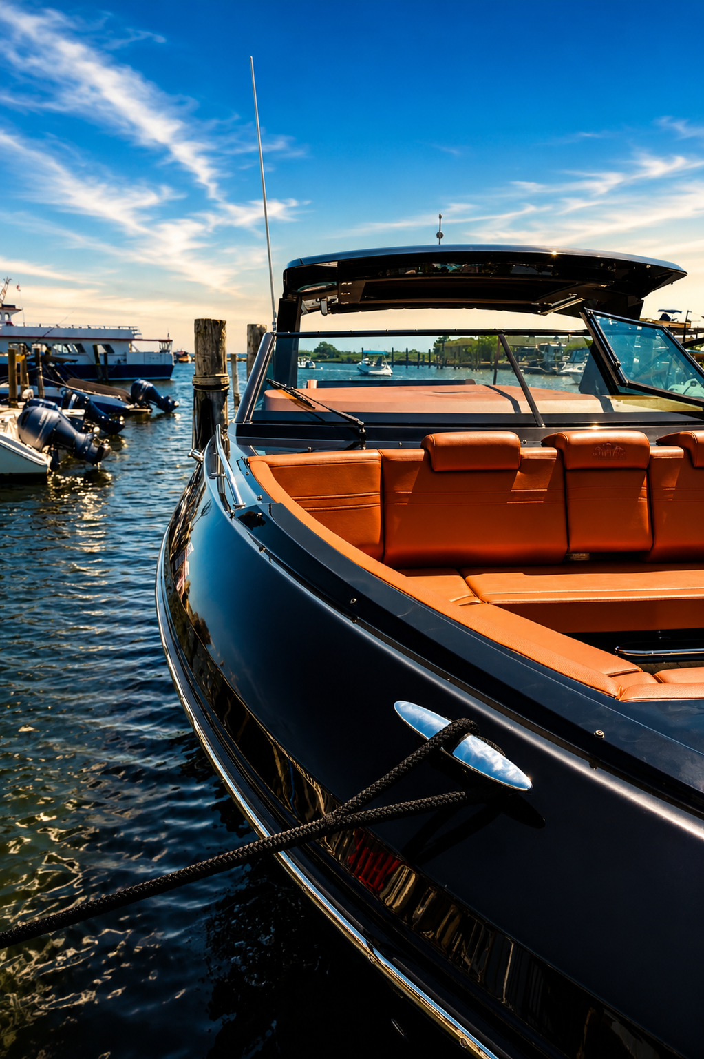 Sleek black motorboat with tan leather seating tied up at a sunny marina dock